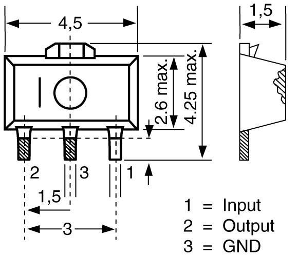 Elektronisches Bauteil: Schalterdiagramm mit Maßangaben. Breite 4,5 mm, Höhe 4,25 mm. Anschlüsse: '1 = Input', '2 = Output', '3 = GND'.