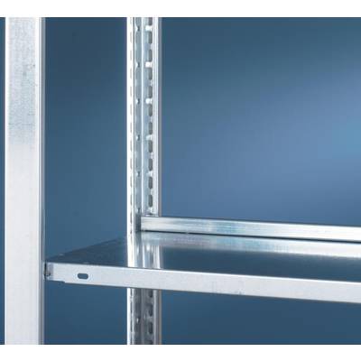 Nahaufnahme eines Metallregals mit zwei sichtbaren Regalböden vor einem blauen Hintergrund.