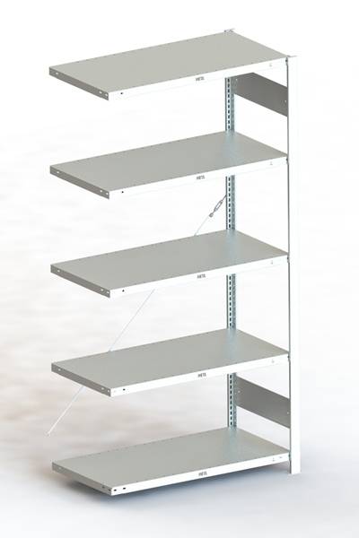 Metallregal mit fünf verstellbaren Regalböden, geeignet zur Lagerung. Stabiler Rahmen mit weißer Beschichtung, gebrauchsfertig.