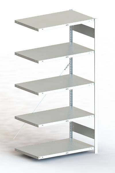 Eckregal mit fünf Metallböden, raumsparendes Design für Lager oder Büro; robust, vielseitig einsetzbar.