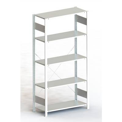 Metallregal mit fünf Böden, geeignet zur Aufbewahrung von Objekten. Robuste Konstruktion, geeignet für Garage oder Lager.