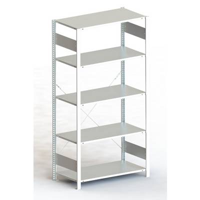 Metallregal mit fünf Ebenen, geeignet zur Aufbewahrung. Freistehend, stabiler Rahmen, ideal für Keller, Garage oder Lagerraum.