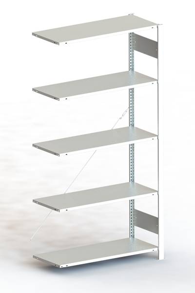 Einzelnes, weißes Metallregal mit fünf Ebenen, freistehend. Ideal für die Aufbewahrung, robustes Design.
