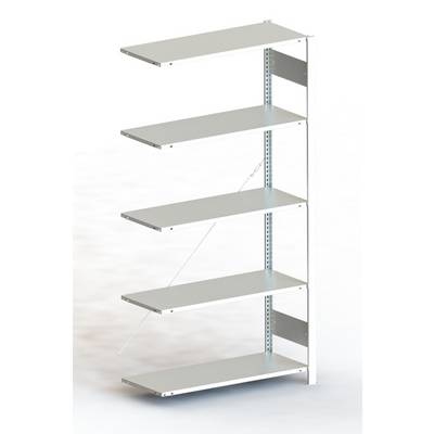 Einzelnes, weißes Metallregal mit fünf Ebenen, freistehend. Ideal für die Aufbewahrung, robustes Design.