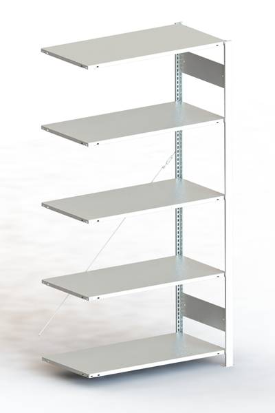 Ein fünfstufiges weißes Metallregal auf weißem Hintergrund, geeignet für Lagerung oder Raumorganisation.