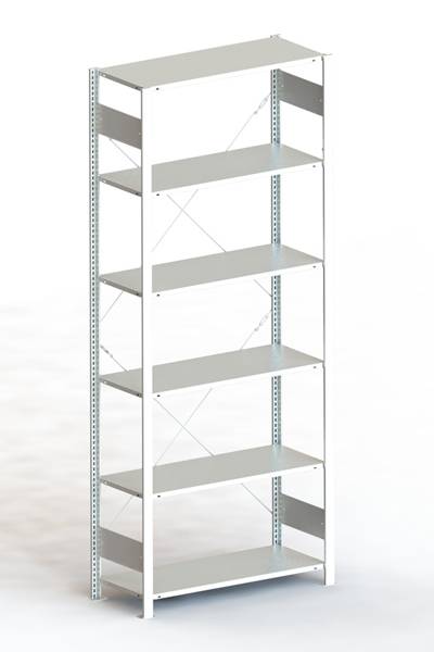 Ein weißes Metallregal mit sechs leeren Regalböden steht vor einem neutralen Hintergrund. Es hat Seiten- und Kreuzverstrebungen.