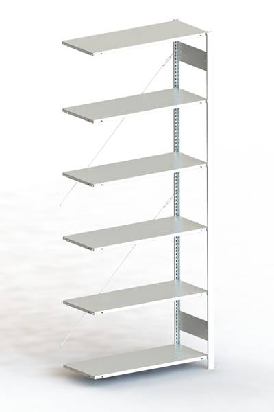 Einzelnes weißes Regal mit sechs verstellbaren Ablageflächen, aufrecht stehend. Ideal zum Lagern oder Präsentieren von Gegenständen.