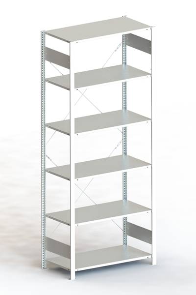 Metallregal mit sechs offenen Regalböden und einer einfachen Konstruktion, geeignet zur Lagerung in Büro- oder Haushaltsräumen.
