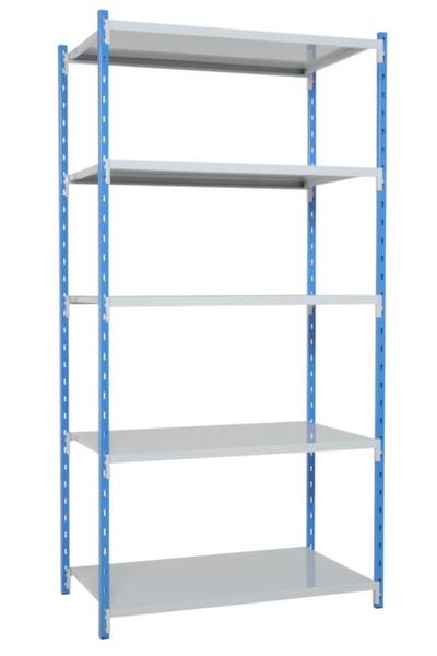 Ein blaues Metallregal mit fünf weißen, leeren Ablageflächen. Es hat eine einfache, funktionale Bauweise für Lager oder Büro.