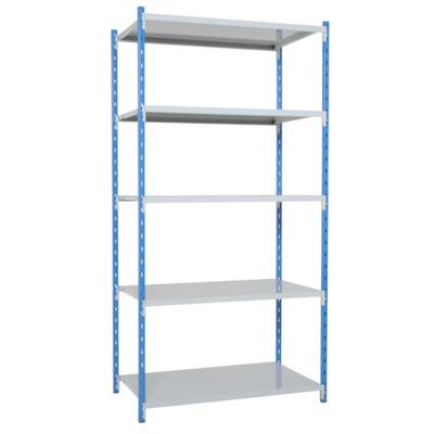 Ein blaues Metallregal mit fünf weißen, leeren Ablageflächen. Es hat eine einfache, funktionale Bauweise für Lager oder Büro.