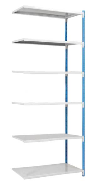 Weißes Regal mit sechs Ebenen und blauen seitlichen Trägern, geeignet für Lager- oder Wohnraumnutzung.