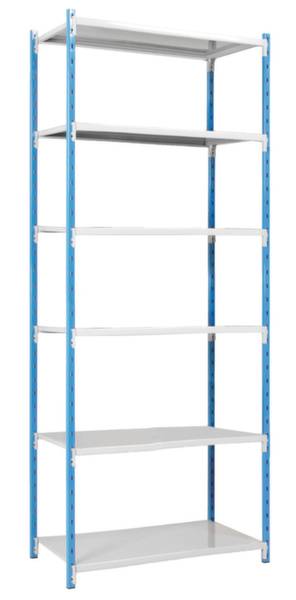 Ein leerer, hoher Metallregal mit sechs weißen Regalböden und blauen Seitenstreben. Ideal zur Lagerung von Gegenständen.