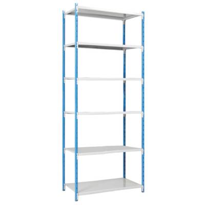 Ein leerer, hoher Metallregal mit sechs weißen Regalböden und blauen Seitenstreben. Ideal zur Lagerung von Gegenständen.