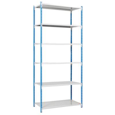 Ein blau-weißes Metallregal mit sechs weißen Einlegeböden, geeignet für die Aufbewahrung von Gegenständen.