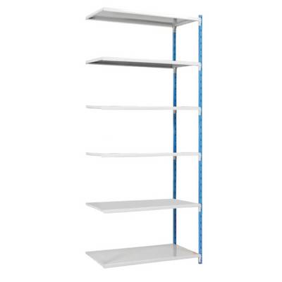 Sechsstufiges, freistehendes Metallregal mit blauen Stangen und weißen Böden. Ideal zur Lagerung oder Aufbewahrung.