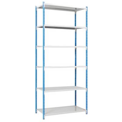 Hohes blau-weißes Metallregal mit sechs Ebenen, geeignet für die Lagerung oder Organisation von Objekten in einem Büro oder Lager.