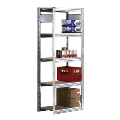 Ein Metallregal mit fünf Ebenen, auf denen Kartons, Dosen und Flaschen stehen. Ideal für Lagerung oder Organisation.