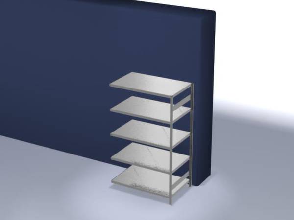 Regal mit fünf Metallböden steht neben einer dunkelblauen Wand.