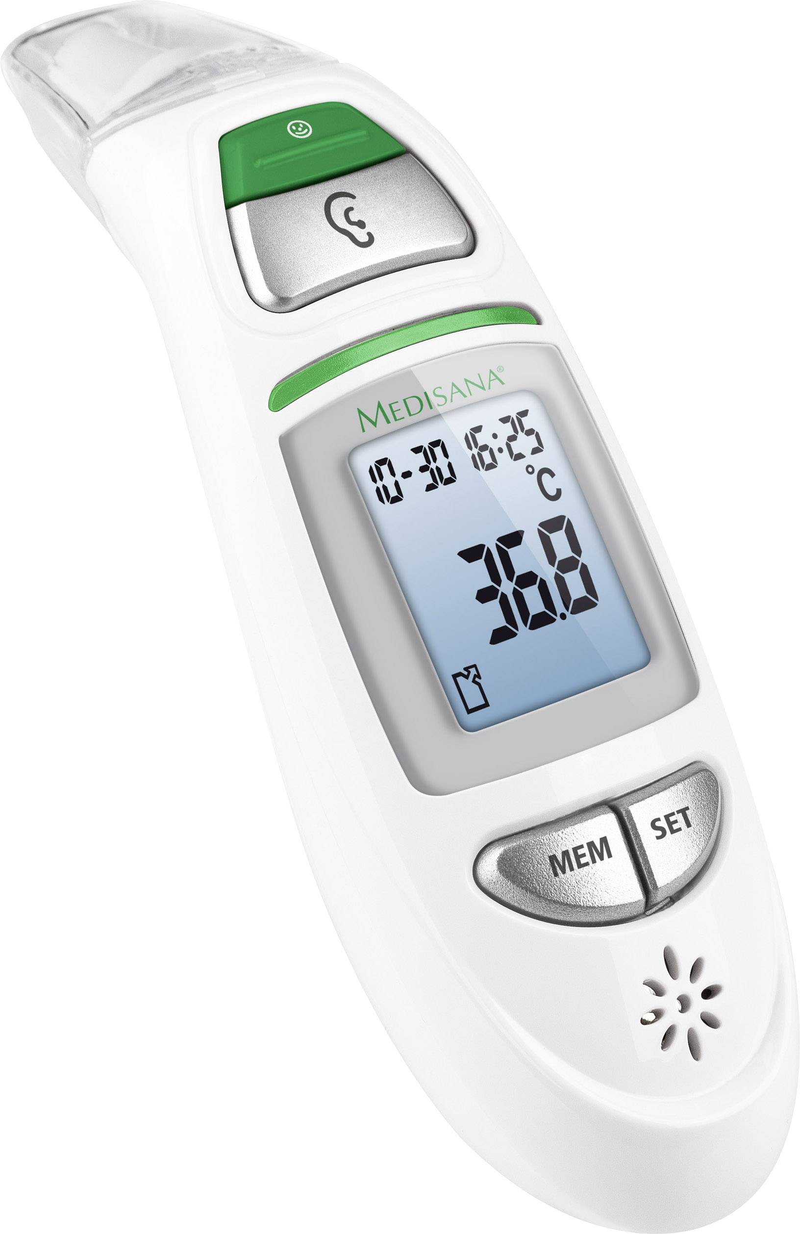 Ein digitales Thermometer mit einem LCD-Display zeigt 36,8 Grad Celsius an. Es hat Tasten für Speicher und Einstellung.
