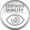 Zertifizierungssiegel mit Text 'CERTIFIED QUALITY' und einem stilisierten Auge darunter; symbolisiert geprüfte Qualität.