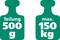 Grünes Bild mit zwei Gewichten: Links 'Teilung 500 g', rechts 'max. 150 kg'. Indikatoren für Gewichtslimit und Teilung.