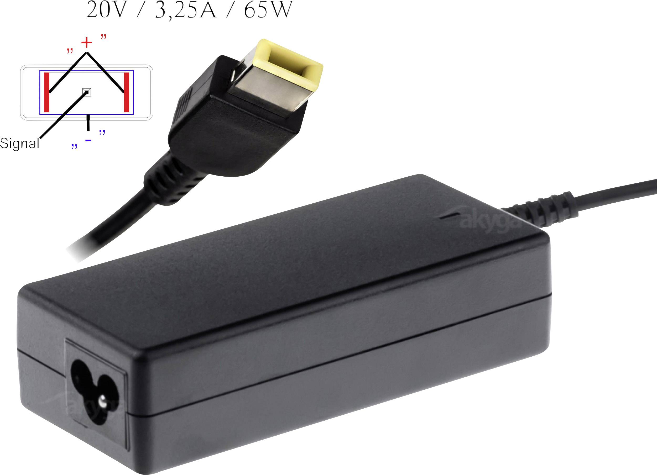 Ein rechteckiger, schwarzer Laptop-Ladestecker mit einem gelben Anschluss. Technische Spezifikationen: '20V / 3,25A / 65W'.