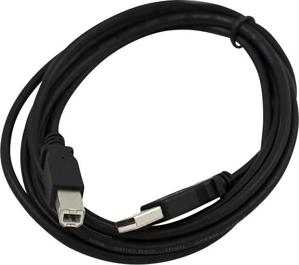 Schwarzes USB-Kabel in einer Schleife, mit einem USB-Typ-A- und einem USB-Typ-B-Stecker, geeignet für Geräteverbindungen.