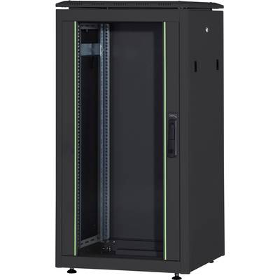 Schwarzer Netzwerkschrank, groß, mit Glastür, offener Innenraum, geeignet für Server- oder Elektronikverkabelung.