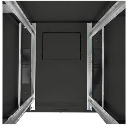 Blick von oben in einen leeren, dunklen Server-Rack, mit Platz für IT-Ausrüstung.