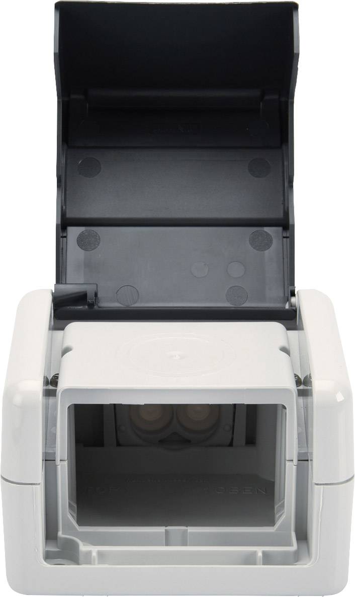 Grau-weiße leere Steckdose mit hochgeklappter Abdeckung.