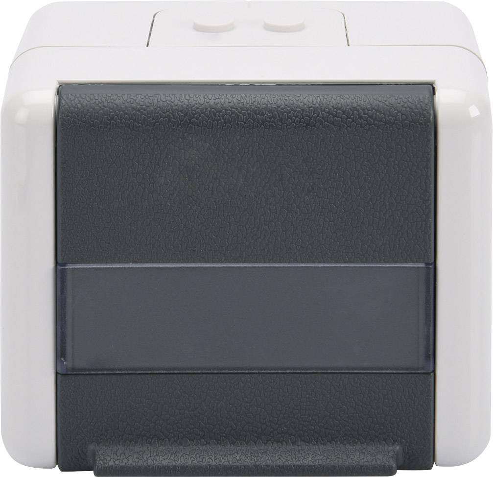 Ein geschlossenes, kompaktes Gerät mit grauem Körper und hellerer Oberseite. Es hat Tasten und könnte ein elektronisches Werkzeug sein.