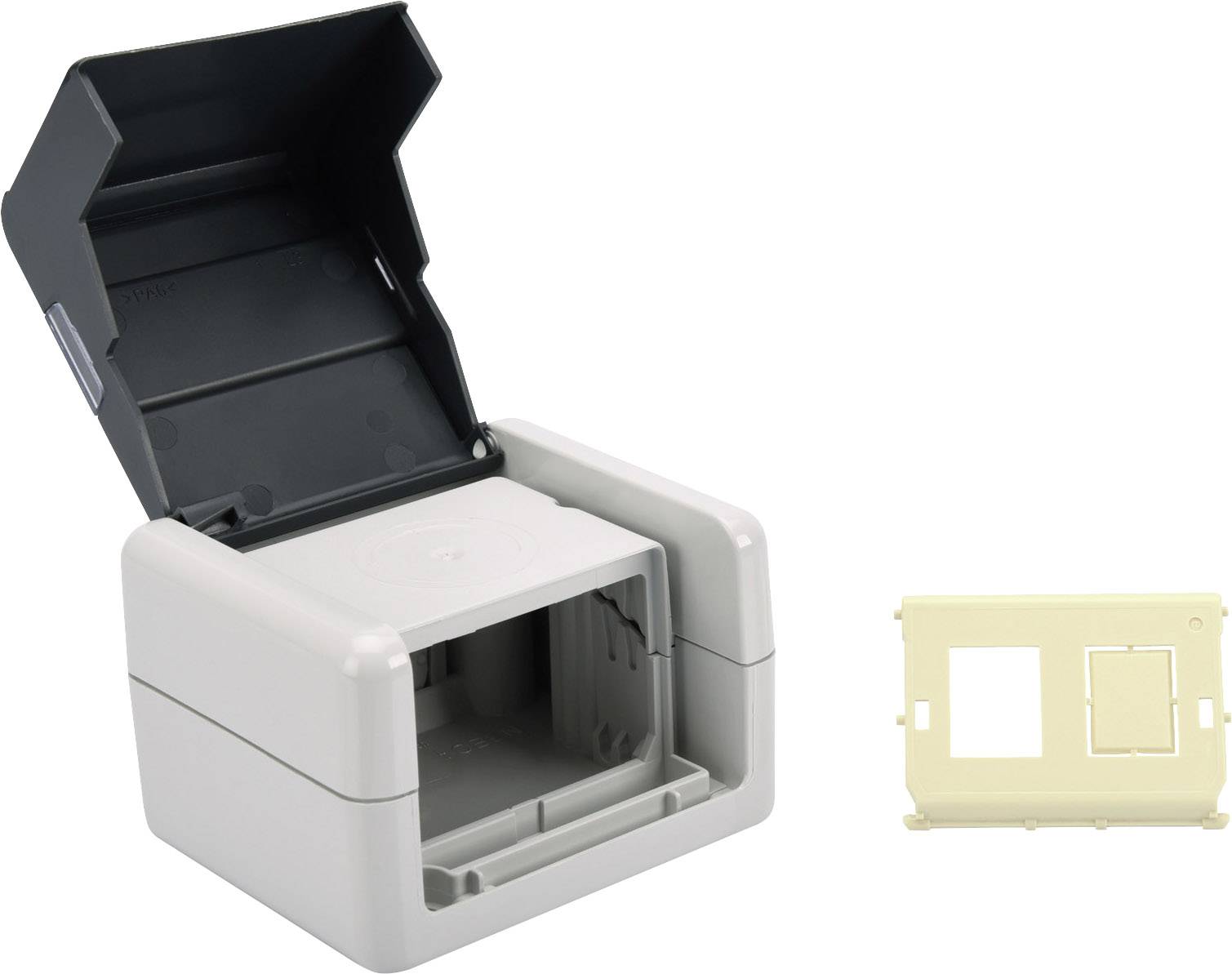 Eine weiße Kunststoffbox mit offenem Deckel, daneben eine separate beige Abdeckplatte.