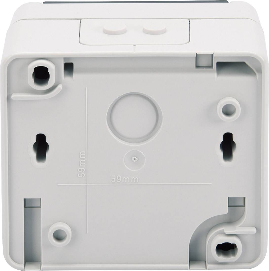 Rückseite eines weißen elektronischen Geräts mit Montageöffnungen und Abstandsanzeige '59 mm'.