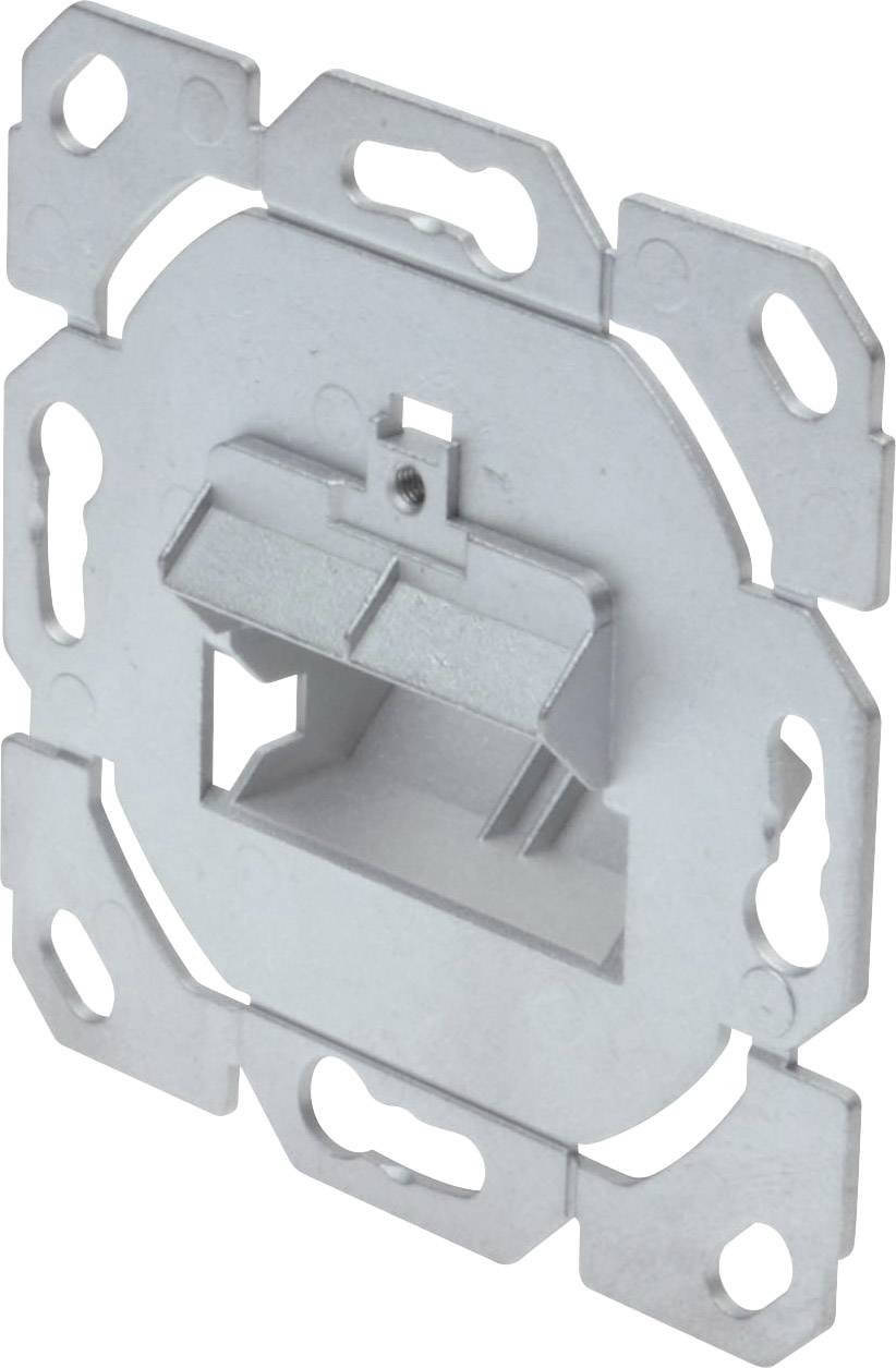 Ein einzelner montierter Netzwerkdosenrahmen aus Metall, bereit zur Installation in einer Wand oder einem Gehäuse.