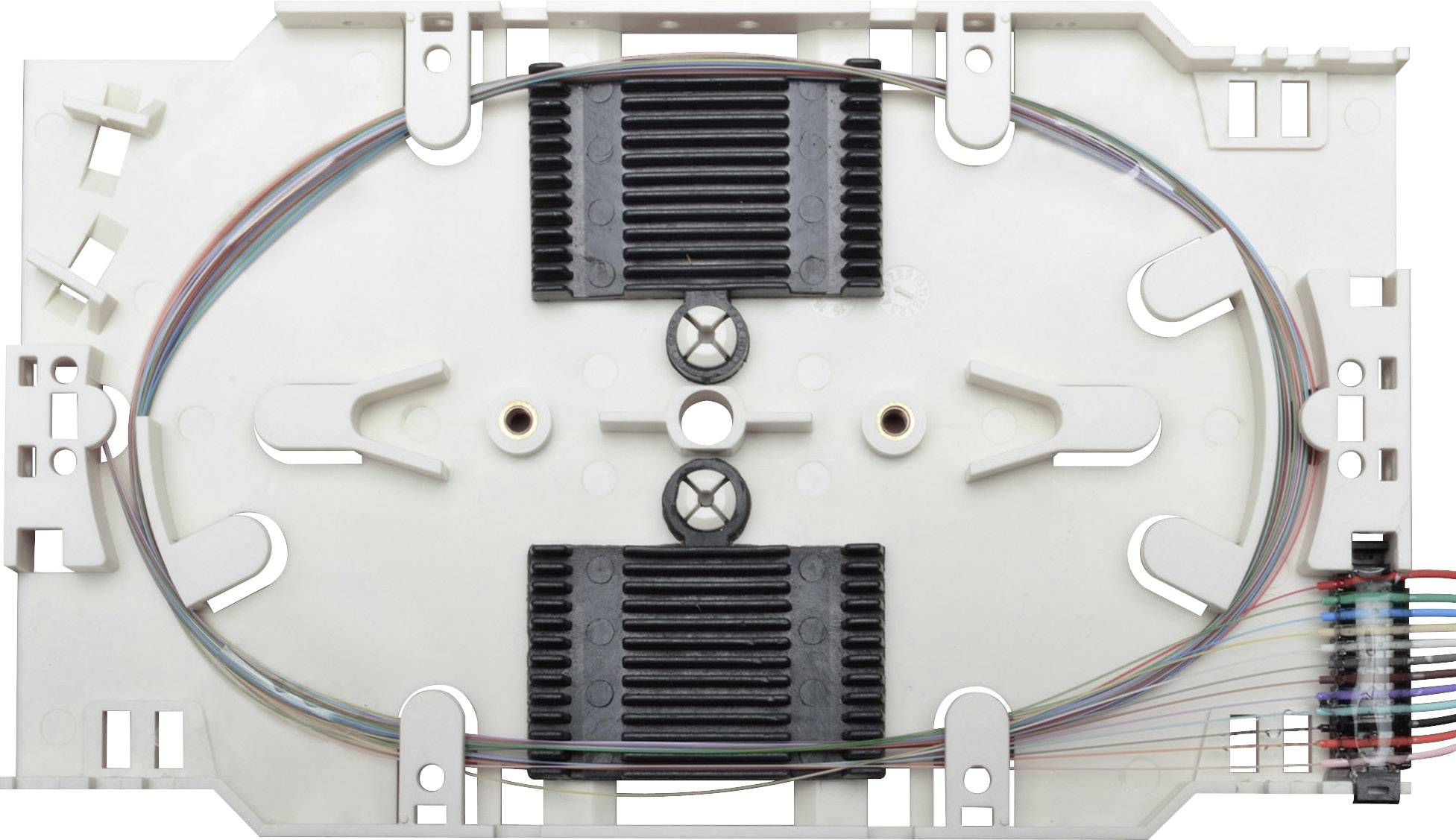 Ein optisches Verteilergehäuse mit installierten Glasfasern, symmetrisch angeordnet, mit Schutzkappen an den Kabelenden.