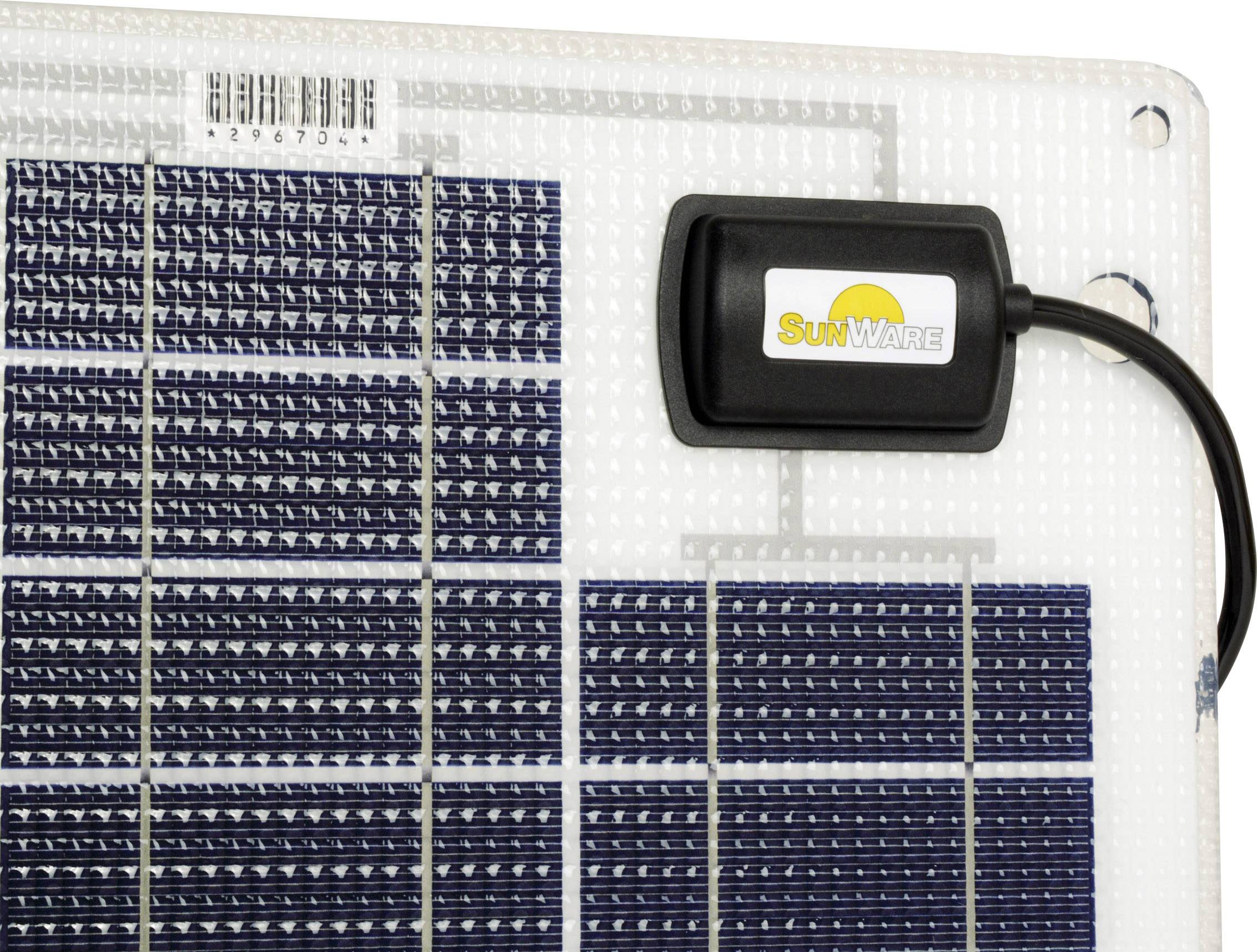 Solarmodul von SunWare, Nahaufnahme. Zeigt ein Anschlusskabel und Solarzellen.