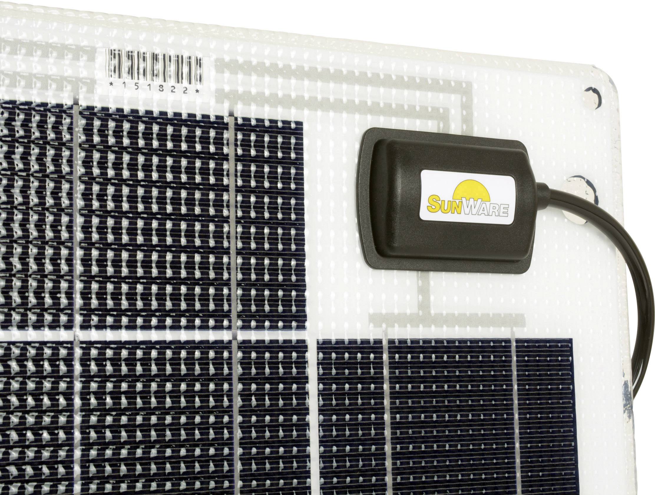 Nahaufnahme eines Solarpanels mit einem schwarzen Anschlusskasten der Marke 'SunWare' auf der rechten Seite.