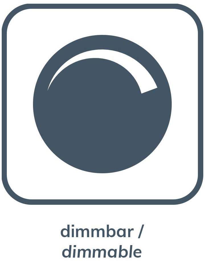 Ein Symbol eines Dimmerschalters in einem quadratischen Rahmen, darunter der Text 'dimmbar / dimmable', weist auf dimmbare Funktion hin.