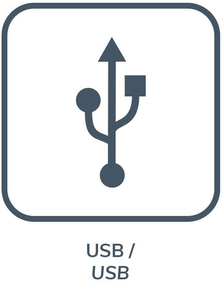 Symbol für USB, bestehend aus einem Kreis, Dreieck und Quadrat auf Pfeilspitzen, symbolisiert universelle Verbindungsmöglichkeit.