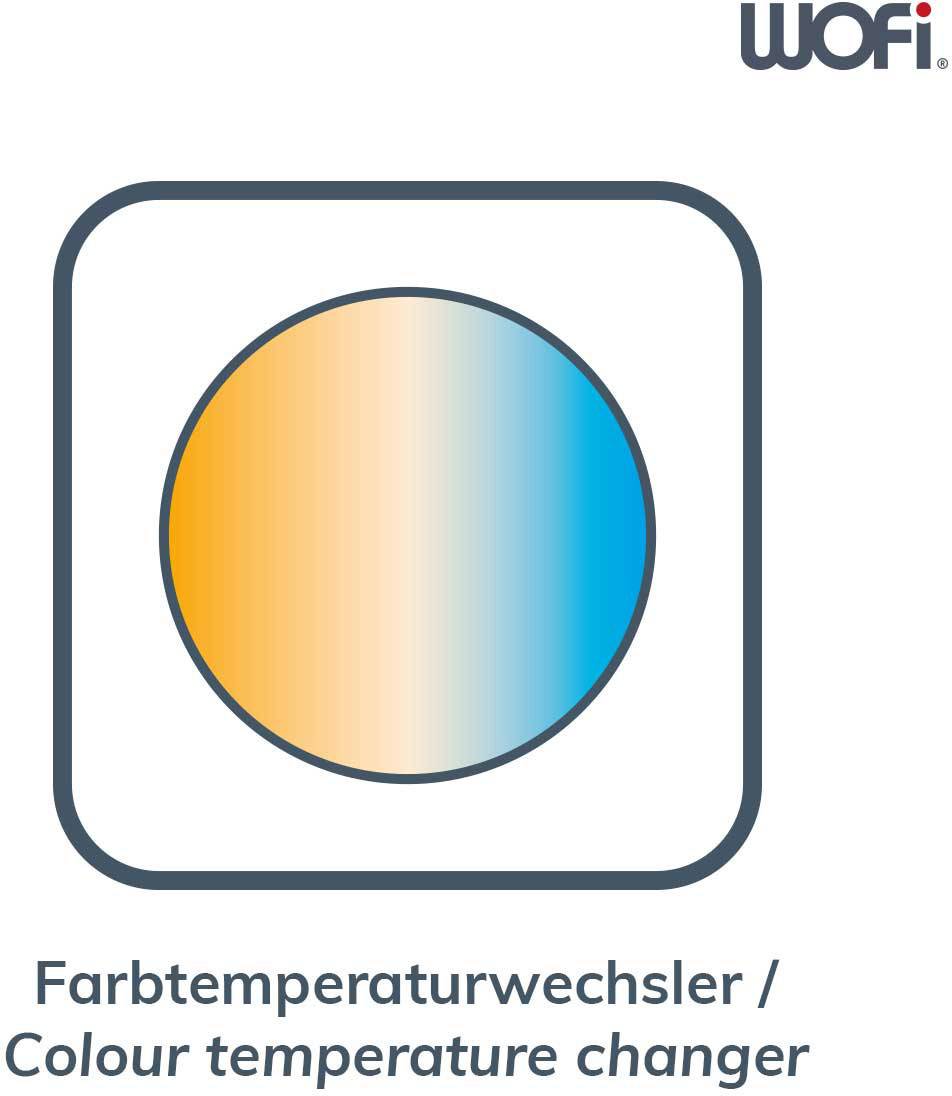 Farbsymbol eines Kreises mit Farbverlauf von Blau zu Orange. Text: 'Farbtemperaturwechsler / Colour temperature changer'.
