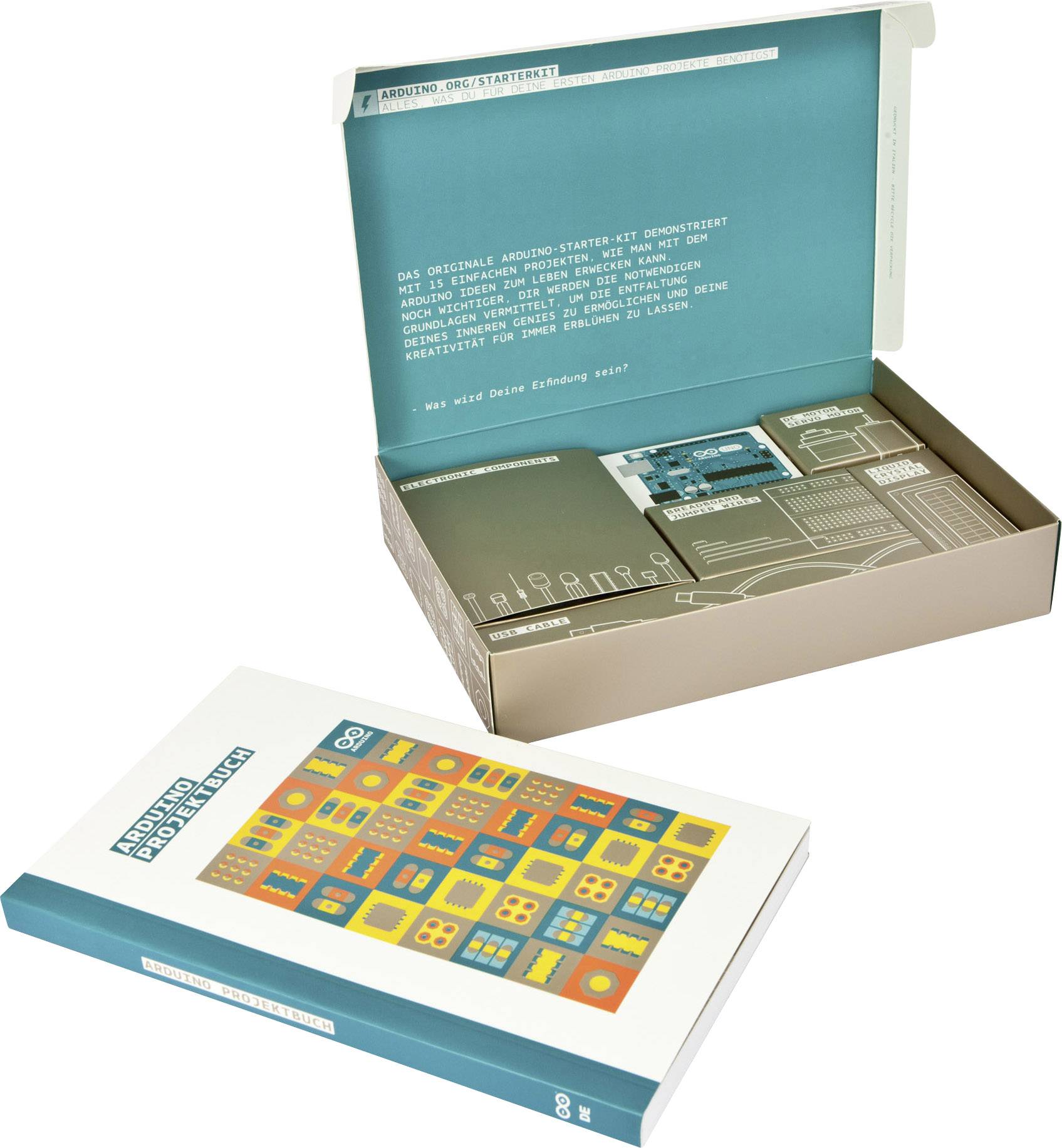 Arduino Starter Kit mit geöffnetem Karton, der Anleitungen und elektronische Komponenten enthält. Perfekt für Programmieranfänger.