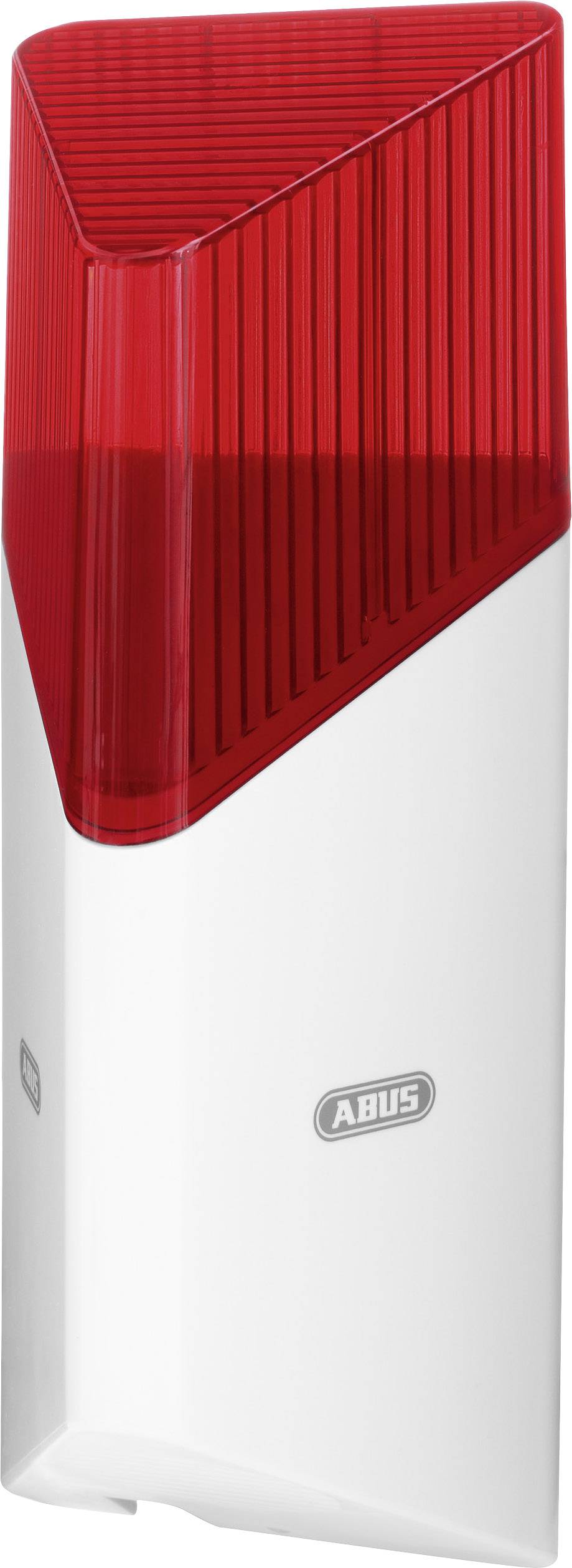 Ein rot-weißer Außensignalgeber mit dem Markenlogo in der Mitte, dient zur Alarmsignalisation.