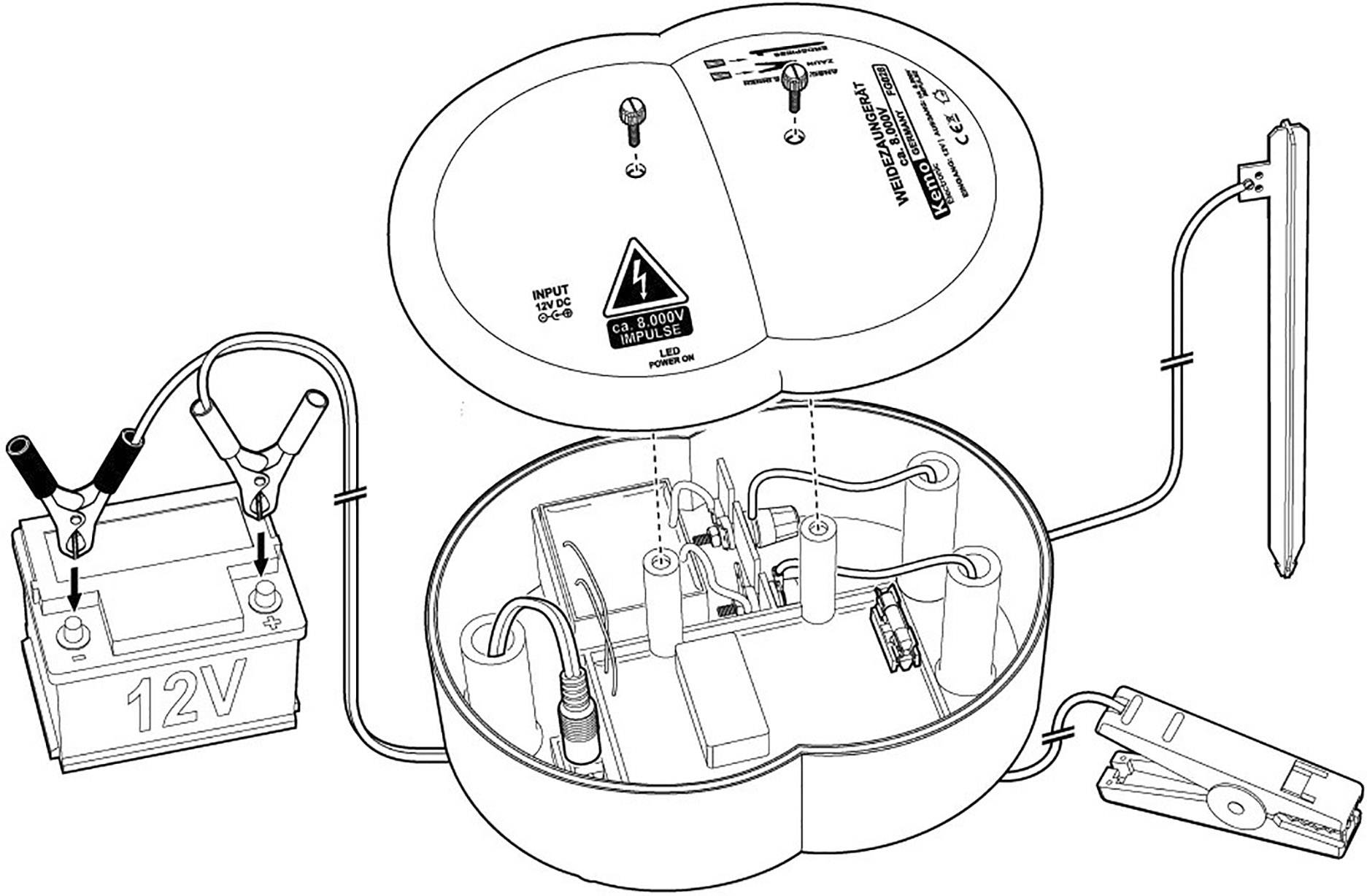 Schema einer elektrischen Schaltung mit Batterie. Zeigt Verkabelung, Klippverbinder und 12V Batterie. Sicherheitswarnungen enthalten.