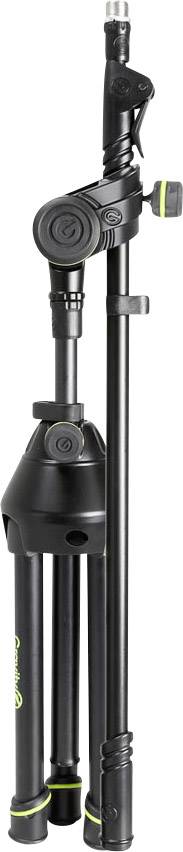 Schwarzes Stativ mit drei Beinen und höhenverstellbarem Mittelstange, geeignet für Kameras oder Scheinwerfer.