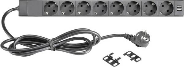 8-fach 19" Steckdosenleiste mit Schalter und 2 USB-Ladebuchsen