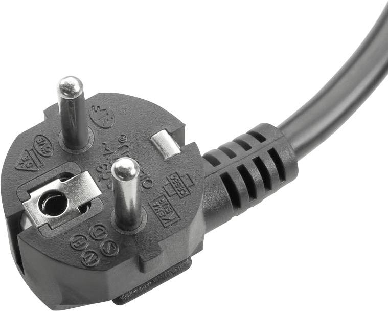 Nahaufnahme eines Eurosteckers mit zwei runden Metallkontakten und schwarzem Kabel.
