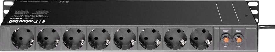 Eine schwarze Steckdosenleiste mit acht Steckplätzen und zwei orangefarbenen Schaltern, geeignet für elektronische Geräte.