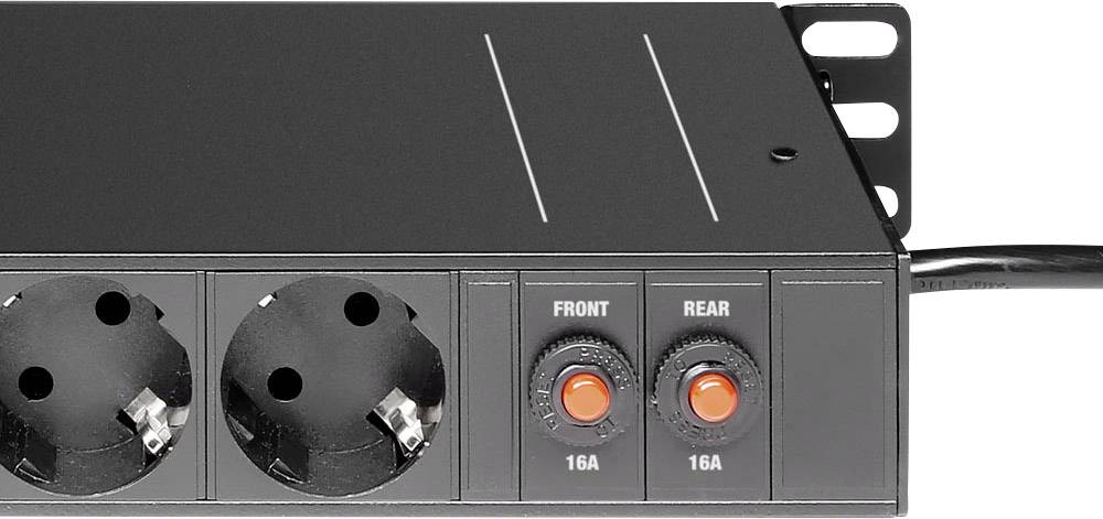 Schwarze Mehrfachsteckdosenleiste für 16A mit zwei Steckplätzen und zwei Schaltern, beschriftet mit 'FRONT' und 'REAR'.