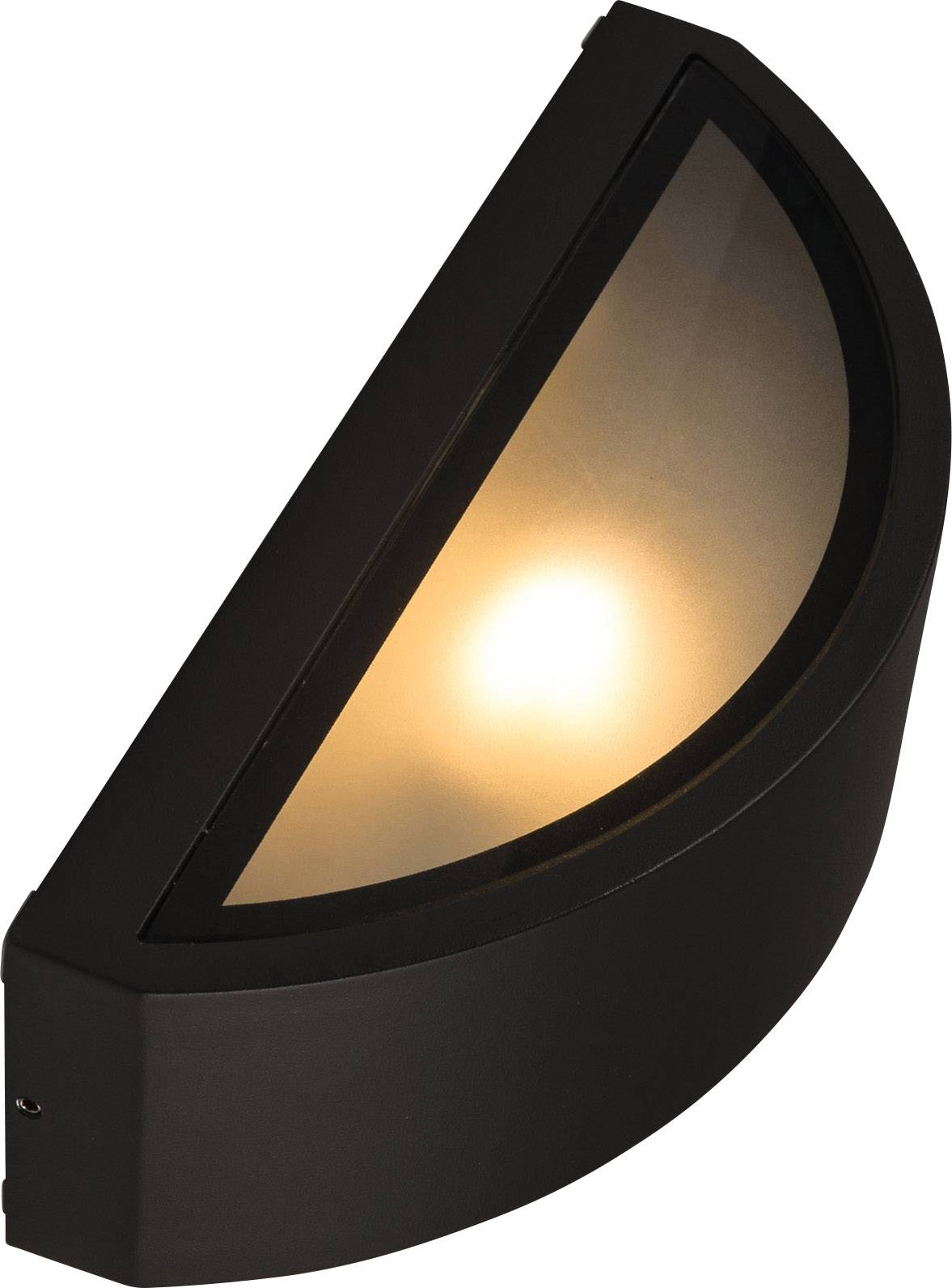 Halbrunde Außenleuchte mit dunklem Gehäuse und sanftem, warmem Licht. Ideal für die Beleuchtung von Wegen und Eingängen.
