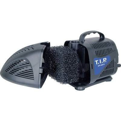 Teichfilterpumpe mit schwarzem Gehäuse und blauem Logo, teilweise geöffnet, um den groben Schwammfilter im Inneren zu zeigen.